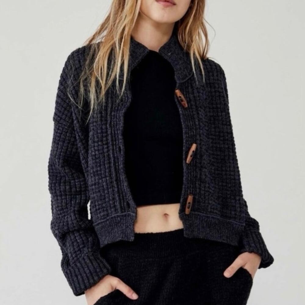 FREE PEOPLE Women's M Micah Cardigan Sweater Toggle Closure Sunflower Seed Black
